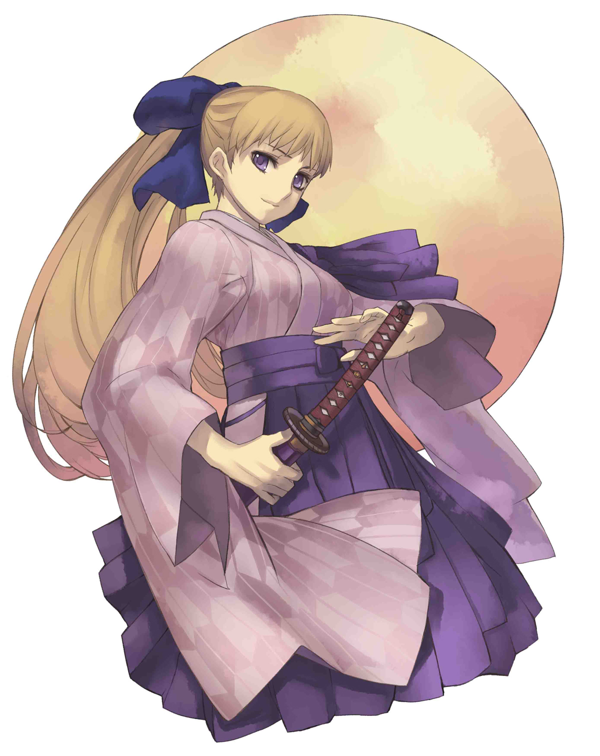 nagi ryou, chroche latel pastalie, ar tonelico, ar tonelico ii, gust, highres, official art, 00s, 1girl, alternate costume, blonde hair, bow, female focus, hair bow, hakama, hakama skirt, japanese clothes, katana, long hair, meiji schoolgirl uniform, moon, ponytail, purple eyes, reyvateil, skirt, smile, solo, sword, weapon, yagasuri