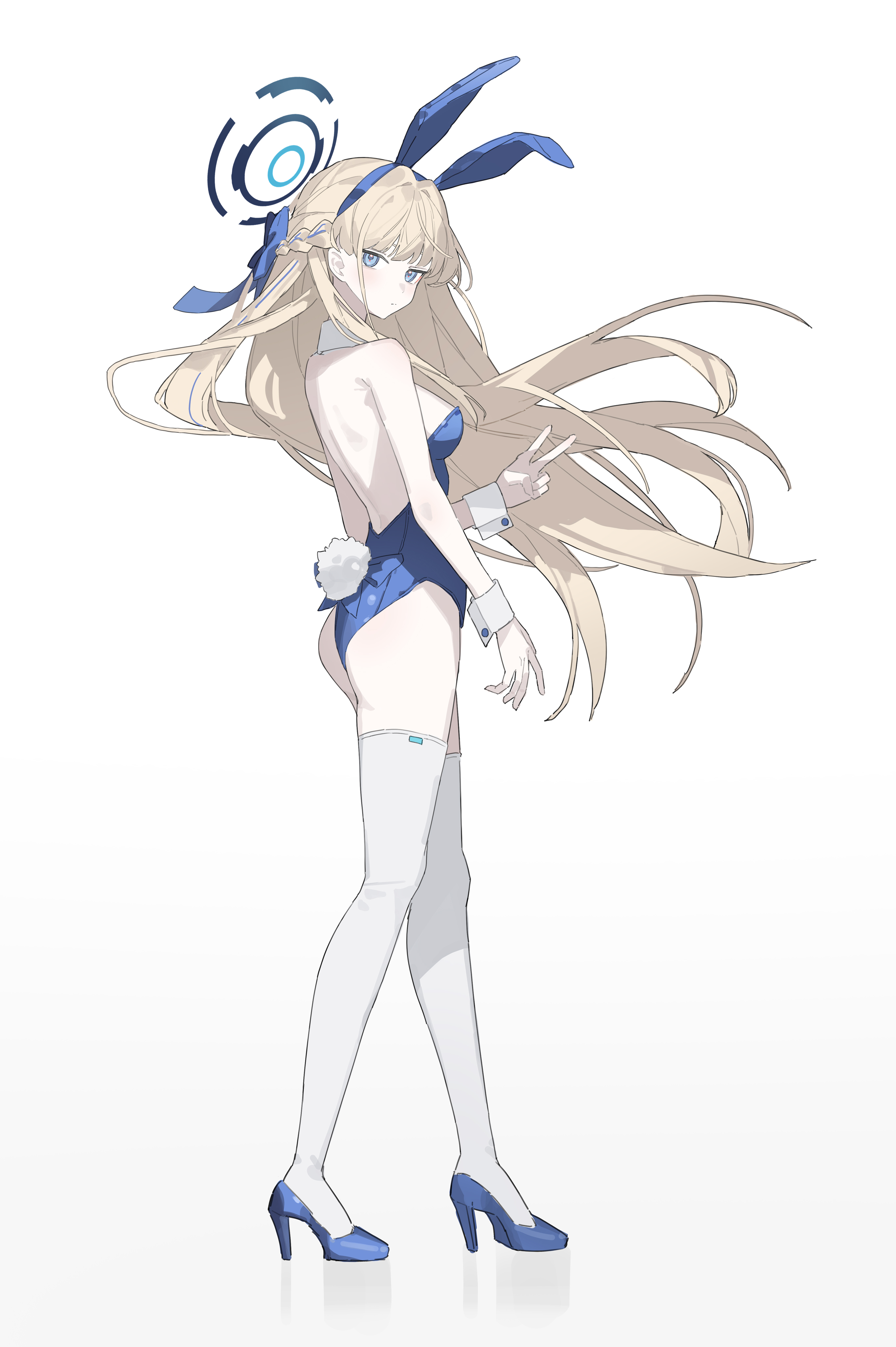 vennie, toki (blue archive), toki (bunny) (blue archive), blue archive, absurdres, commentary, highres, animal ear hairband, animal ears, arm at side, ass, blonde hair, blue bow, blue hair, blue hairband, blue leotard, blue shirt, bow, braid, breasts, closed mouth, expressionless, fake animal ears, fake tail, floating hair, from side, full body, hair bow, hairband, half up braid, hand up, high heels, leotard, long hair, looking at viewer, looking to the side, official alternate costume, playboy bunny, rabbit ear hairband, rabbit ears, rabbit tail, shirt, simple background, standing, tail, thighhighs, turning head, v, very long hair, white background, white thighhighs, white wrist cuffs, wrist cuffs