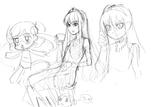 b-ginga, flandre (kaibutsu oujo), hime (kaibutsu oujo), kaibutsu oujo, lowres, 00s, 2girls, female focus, monochrome, multiple girls, multiple views, sitting, sketch, tea, tiara, upper body, white background