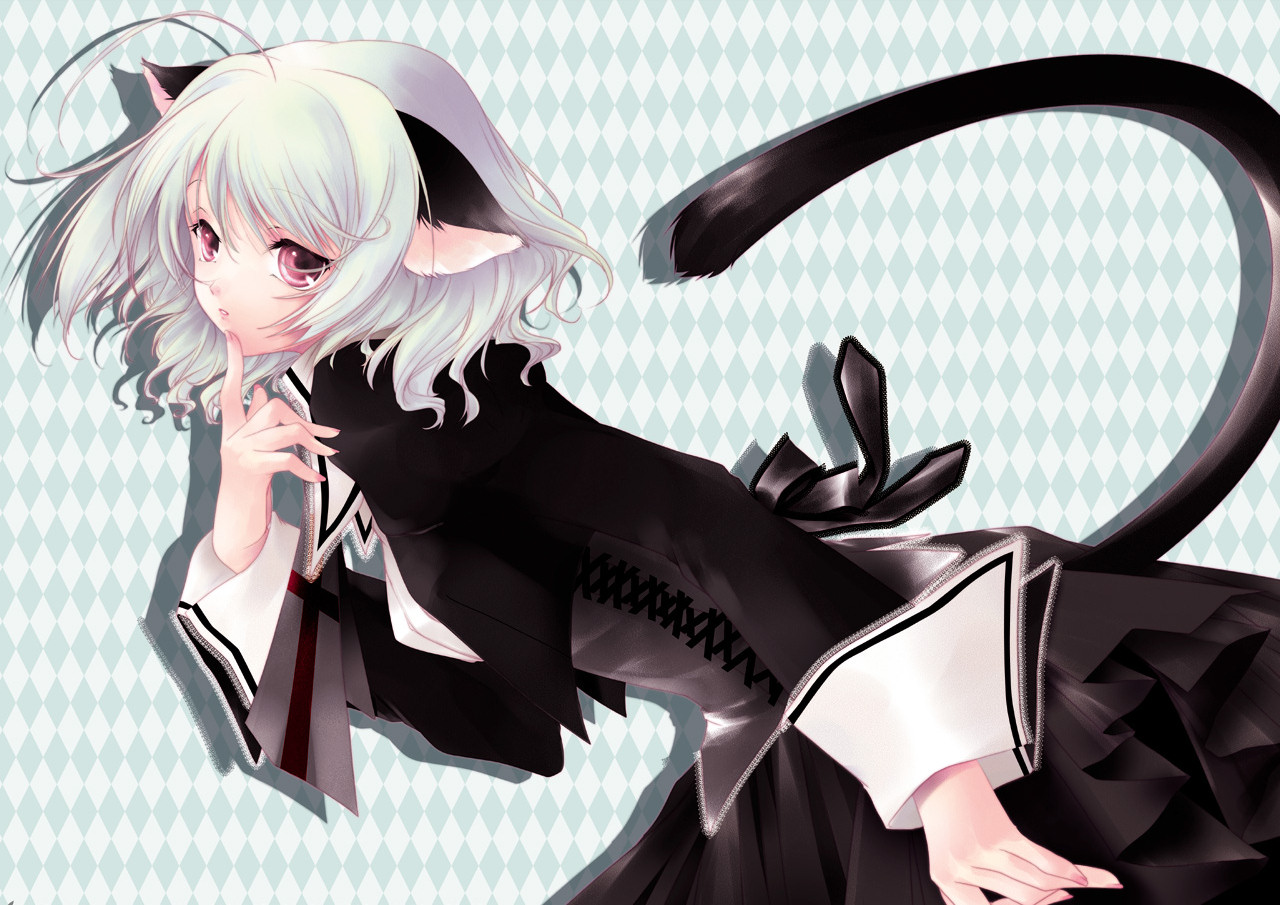 mogami rio, original, silver hair, 1girl, ahoge, animal ears, bent over, black dress, bow, breasts, cat ears, cat tail, dress, female focus, finger to mouth, nail polish, pink eyes, pink nails, short hair, skirt, solo, tail