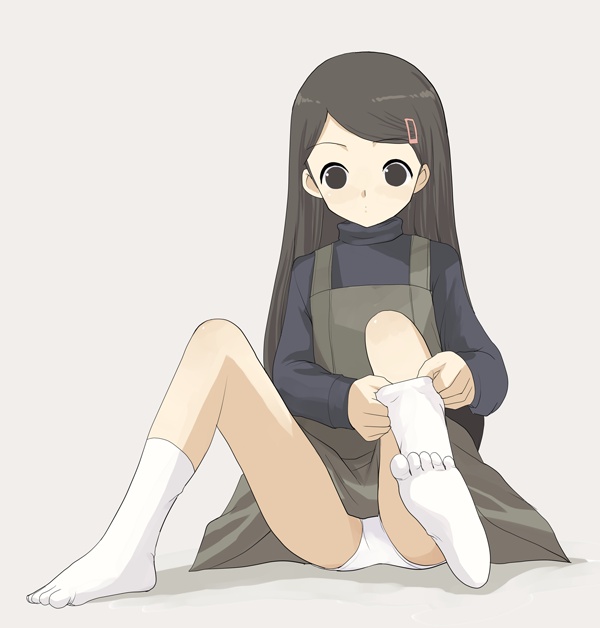 natori (natorism), original, black hair, blush, dress, feet, hair ornament, hairclip, panties, socks, solo, turtleneck, underwear