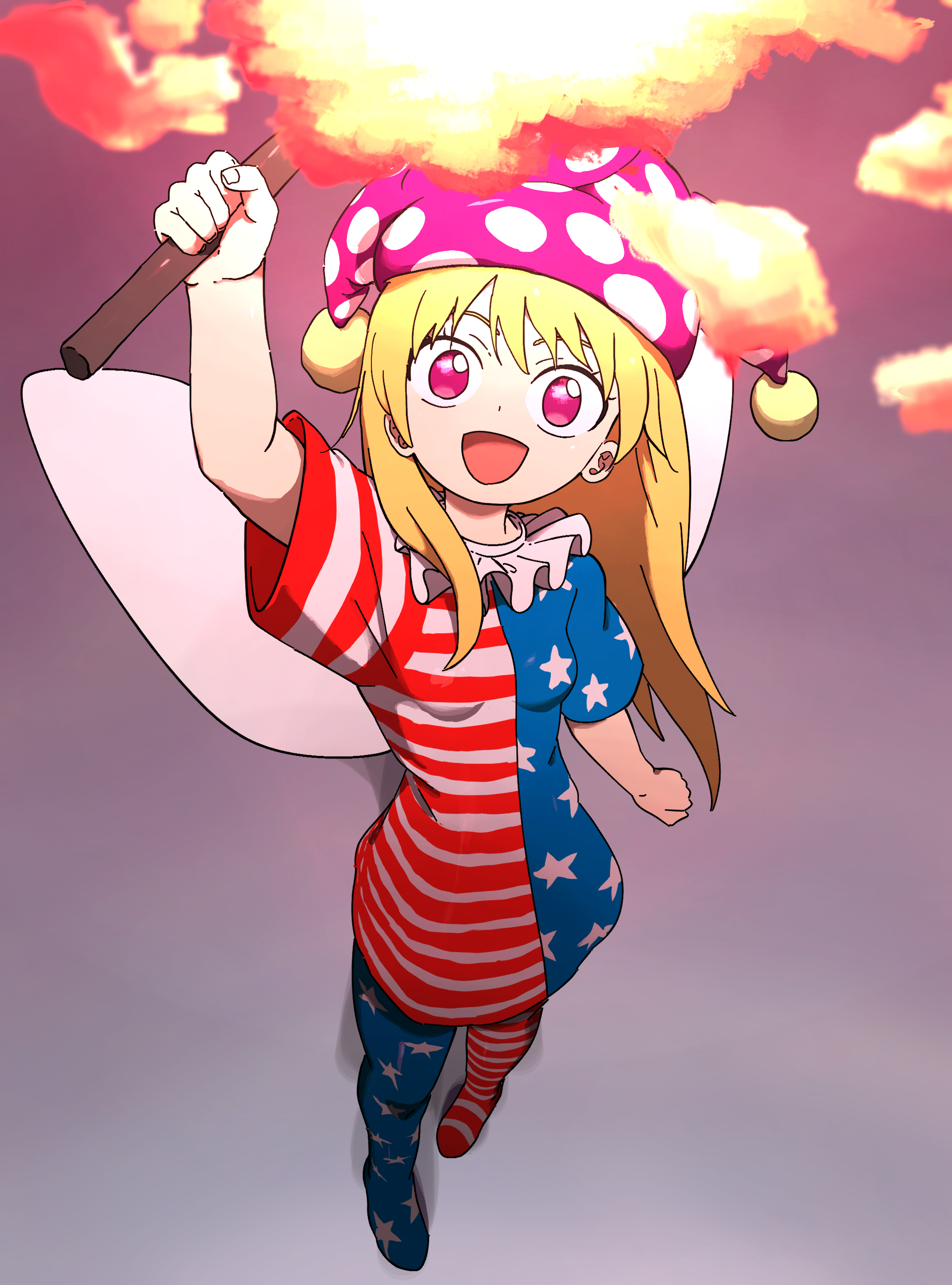 uzou (uzooooooooo), clownpiece, touhou, absurdres, highres, 1girl, american flag dress, blonde hair, fairy, full body, happy, hat, jester cap, long hair, pantyhose, purple eyes, simple background, star (symbol), striped clothes, striped pantyhose, torch, wings