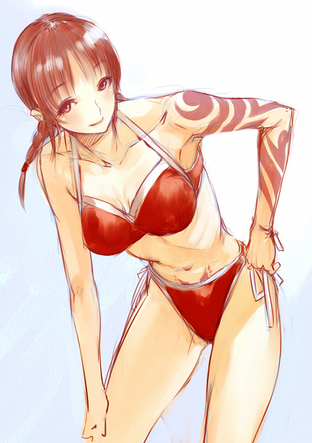 goshiki suzu, original, 1girl, bent over, bikini, black eyes, braid, female focus, gradient background, red bikini, red hair, short hair, sketch, solo, swimsuit, tattoo