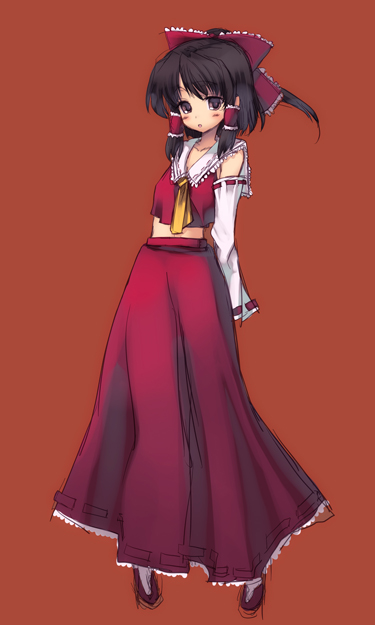 coffee cat, hakurei reimu, touhou, 1girl, arms behind back, black hair, blush, bow, brown eyes, detached sleeves, female focus, hair bow, navel, ponytail, short hair, simple background, sketch, skirt, solo