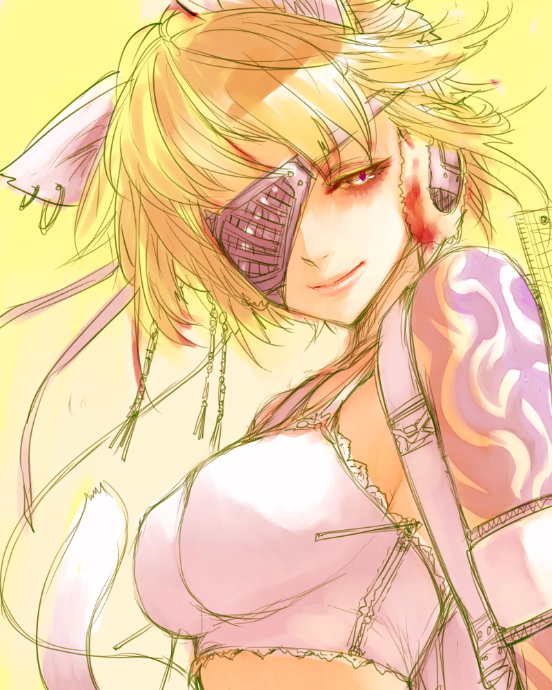 goshiki suzu, 1girl, animal ears, earrings, eyepatch, female focus, gradient background, headphones, jewelry, lingerie, solo, tail, underwear