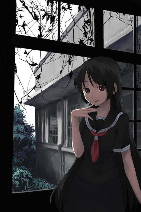 b-ginga, kamura reiri, kaibutsu oujo, 00s, 1girl, black hair, female focus, finger to mouth, long hair, red eyes, school uniform, serafuku, solo, vampire