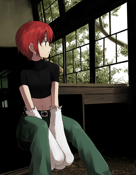b-ginga, riza wildman, kaibutsu oujo, 00s, animal hands, belt, cargo pants, crop top, midriff, pants, red hair, short hair, sitting