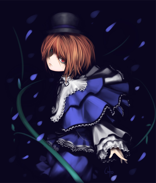 inemuri uno, souseiseki, rozen maiden, 00s, 1girl, black background, blue dress, brown hair, closed mouth, dress, female focus, frills, green eyes, hat, heterochromia, long sleeves, looking at viewer, petals, plant, red eyes, short hair, solo, top hat, upper body, vines