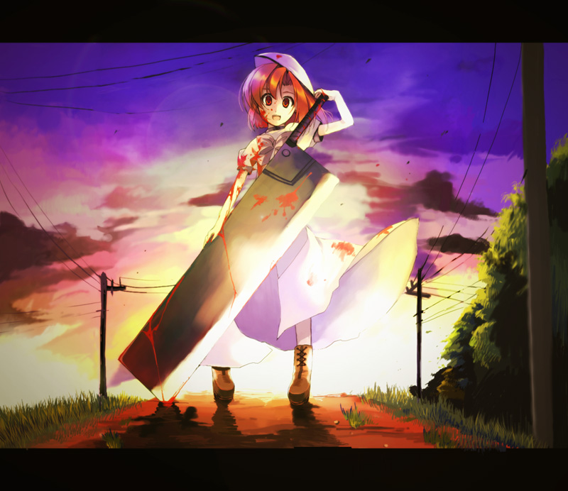 ikawa waki, ryuuguu rena, higurashi no naku koro ni, light, 00s, blood, boots, crazy eyes, knife, letterboxed, red eyes, solo, sunset