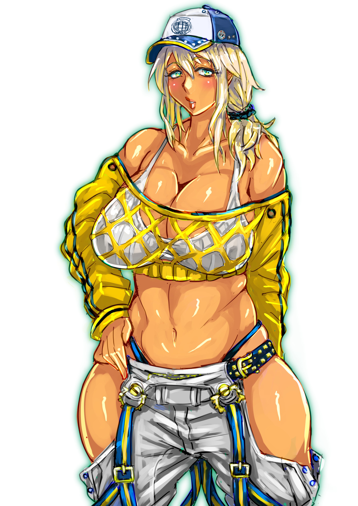 sou2180, rinalia kuo, super robot wars, super robot wars dd, highres, 1girl, baggy pants, baseball cap, bra, breasts, cleavage, clothes lift, curvy, dark-skinned female, dark skin, female focus, green eyes, hand on own hip, hat, highleg, highleg panties, large breasts, lips, looking at viewer, low ponytail, panties, pants, parted lips, ponytail, pubic tattoo, revealing clothes, see-through clothes, shiny skin, shirt lift, sideboob, simple background, smile, solo, sweater, tattoo, thong, underboob, underwear, white background, wide hips