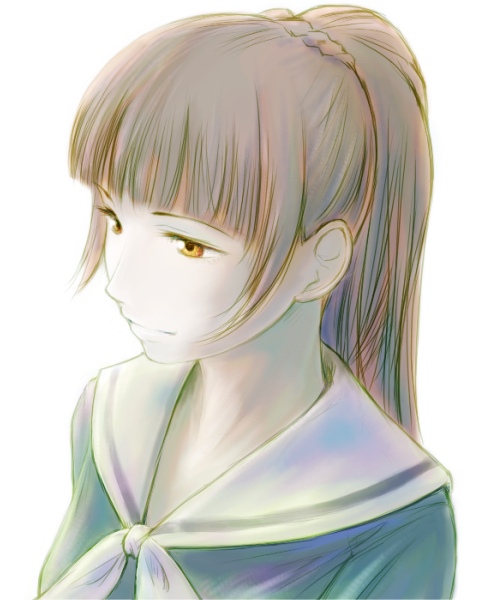 blunt-katana, tsukiyama minako, maria-sama ga miteru, 00s, 1girl, blunt bangs, brown eyes, brown hair, female focus, green shirt, half-closed eyes, long sleeves, neckerchief, ponytail, sailor collar, school uniform, serafuku, shirt, simple background, solo, upper body, uppercut, white background, white neckerchief