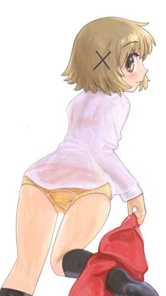 ikara, yuno (hidamari sketch), hidamari sketch, 00s, 1girl, black socks, brown hair, female focus, hair ornament, kneehighs, looking at viewer, looking back, panties, plaid clothes, plaid panties, shirt, short hair, skirt, skirt around one leg, socks, solo, underwear, undressing, white shirt, x hair ornament, yellow eyes