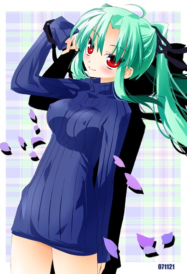 noto (soranoto), original, revision, 1girl, ahoge, aqua hair, arm up, blush, bottomless, breasts, covered erect nipples, female focus, hair ribbon, medium breasts, naked sweater, petals, plaid background, ponytail, red eyes, ribbed sweater, ribbon, solo, sweater