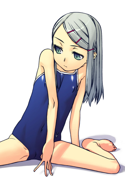 cota (artist), original, 1girl, female focus, hair ornament, hairclip, one-piece swimsuit, school swimsuit, solo, spread legs, swimsuit