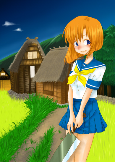nishino miyuki, ryuuguu rena, higurashi no naku koro ni, 00s, 1girl, bad anatomy, female focus, knife, poorly drawn, school uniform, serafuku, solo