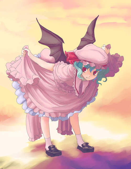 nanami sano, remilia scarlet, touhou, 1girl, bat wings, clothes lift, dress, dress lift, female focus, full body, gradient background, hat, outdoors, pink hat, skirt hold, sky, solo, wings