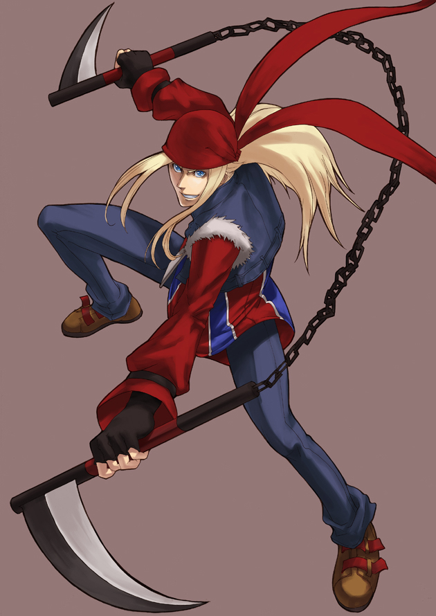 ippo, axl low, arc system works, guilty gear, beige background, uniform, 1boy, bandana, black gloves, blonde hair, brown eyes, chain, dual wielding, fighting stance, fingerless gloves, full body, gloves, holding, holding weapon, loafers, long hair, looking at viewer, male focus, outstretched arms, pants, ponytail, shoes, simple background, solo, weapon