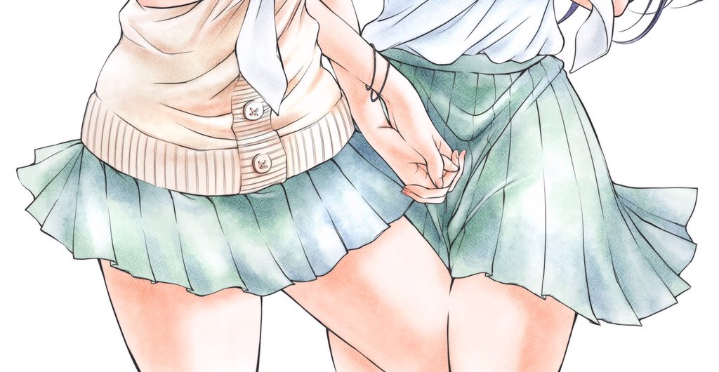 iwami kiyoko, original, commentary request, 2girls, brown cardigan, cardigan, close-up, green skirt, hip focus, holding hands, interlocked fingers, lower body, miniskirt, multiple girls, pleated skirt, school uniform, shirt, shirt tucked in, simple background, skirt, thighs, white background, white shirt, wristband, yuri