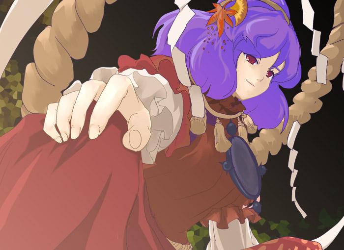 nanami sano, yasaka kanako, touhou, 1girl, female focus, foreshortening, hair ornament, hands on own knees, leaf hair ornament, rope, shimenawa, solo