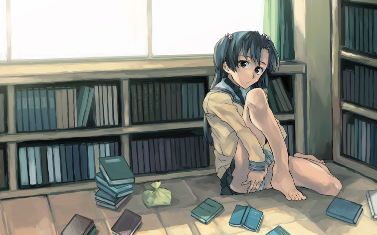 kno1, ichinose kotomi, clannad, 00s, 1girl, bad anatomy, barefoot, book, bookshelf, feet, female focus, green hair, hair bobbles, hair ornament, indoors, library, looking at viewer, on floor, panties, pantyshot, poorly drawn, school uniform, serafuku, sitting, skirt, solo, two side up, underwear, window