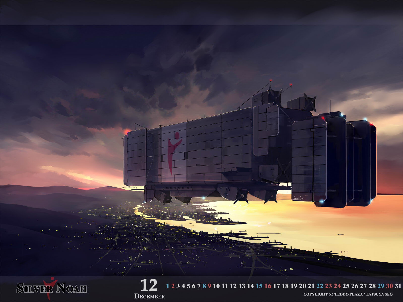 seo tatsuya, arc the lad, arc the lad i, original, lights, highres, 00s, 2007, aircraft, airship, calendar, city, city lights, cityscape, cloud, december, dirigible, english text, engrish text, flying, horizon, landscape, no humans, ocean, ranguage, scenery, sky, twilight, vehicle focus