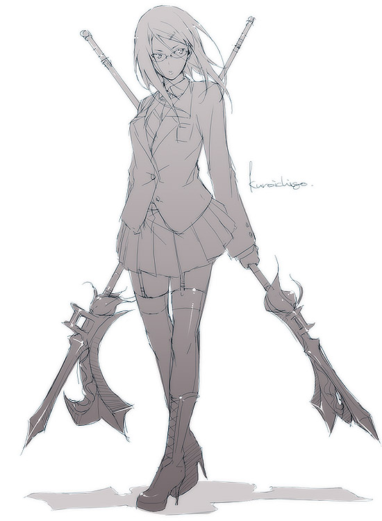 kyo (kuroichigo), original, 1girl, blazer, boots, dual wielding, female focus, garter belt, glasses, greyscale, hair ornament, hairclip, high heels, holding, huge weapon, jacket, monochrome, necktie, pleated skirt, polearm, school uniform, shoes, short hair, simple background, sketch, skirt, solo, thighhighs, weapon, zettai ryouiki