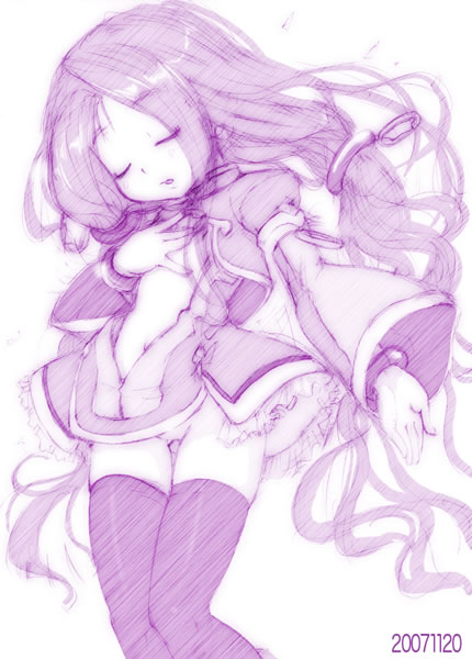 kei jiei, 1girl, female focus, monochrome, no panties, purple theme, sketch, solo, thighhighs, zettai ryouiki