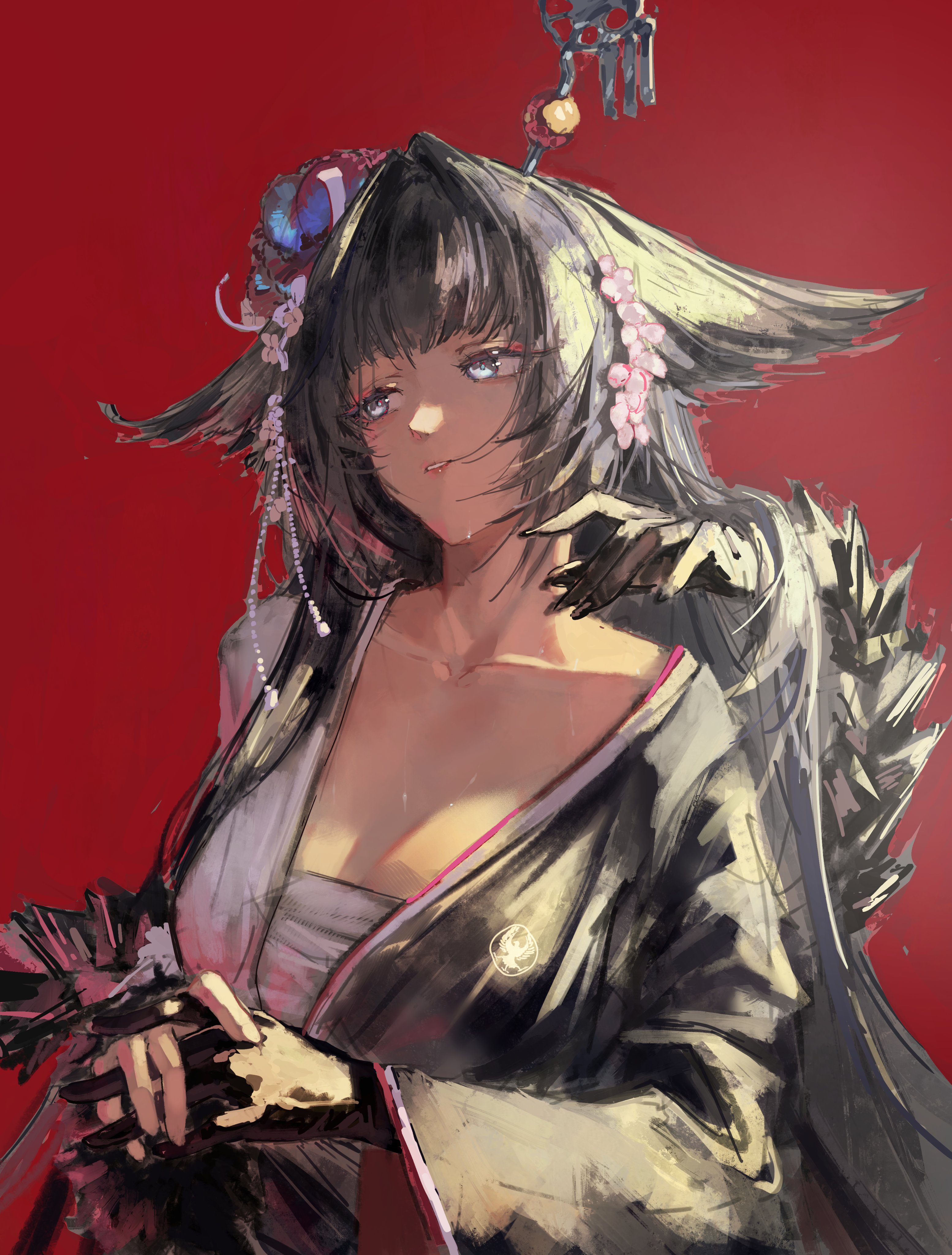 gandy (gan3e46), mio (arknights), arknights, absurdres, commentary, highres, 1girl, black gloves, black hair, black kimono, blunt bangs, clawed gauntlets, claws, collarbone, flower, gloves, grey eyes, hair flower, hair intakes, hair ornament, hair wings, japanese clothes, kimono, long hair, looking to the side, mechanical tail, multicolored kimono, own hands together, red background, red kimono, red lips, sidelocks, simple background, single glove, solo, tail, white flower, white kimono
