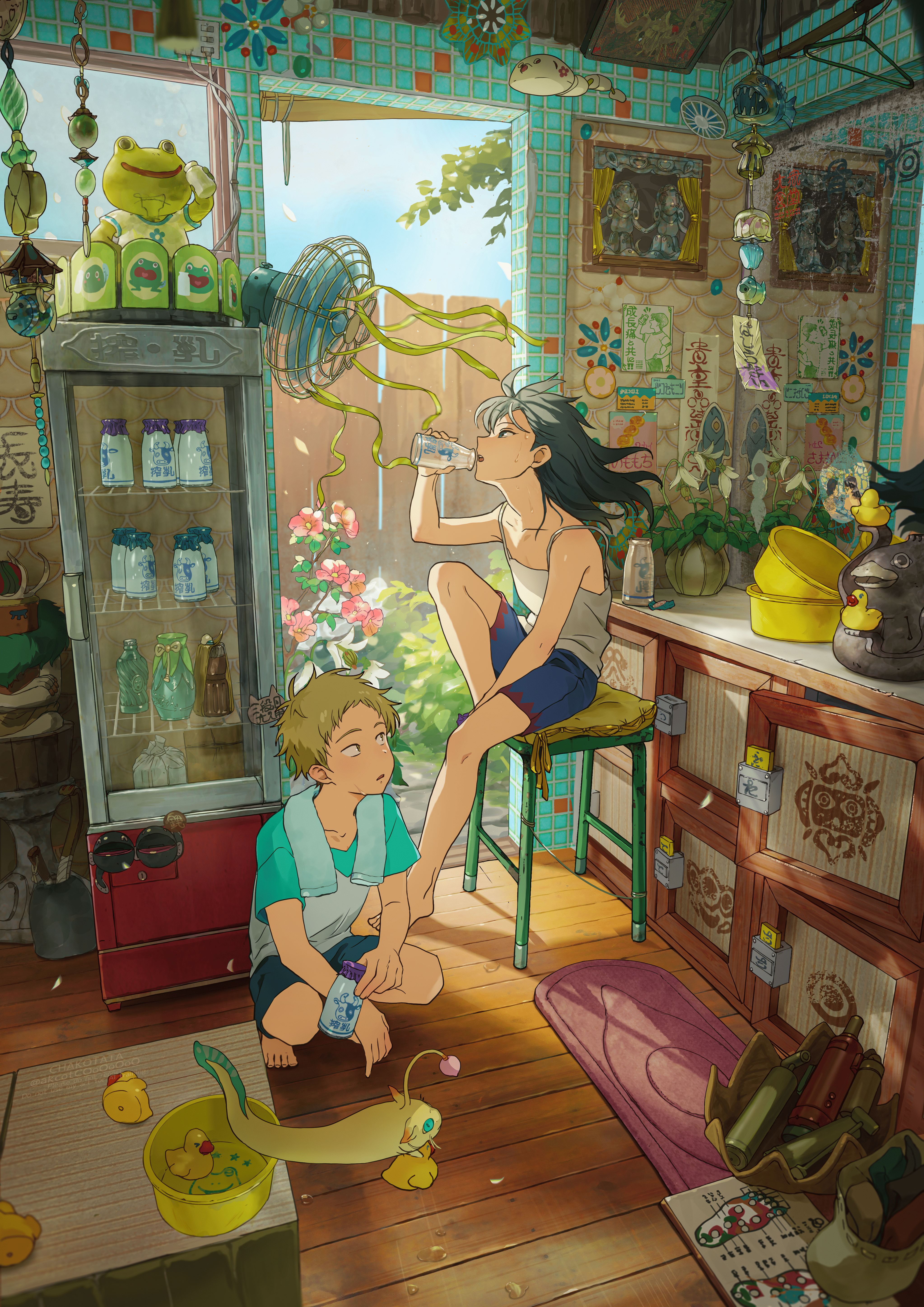 chakotata, original, yellow pillow, absurdres, commentary request, highres, 1boy, 1girl, absurdly detailed composition, arm between legs, artist name, barefoot, black hair, blonde hair, blue eyes, blue shorts, bottle, brown eyes, bucket, bush, cabinet, cable, camisole, carpet, catfish, collarbone, counter, electric fan, fence, fish, flat chest, floating hair, flower, full body, glass bottle, green eyes, hand up, holding, holding bottle, indoors, knee up, light particles, loaded interior, long hair, looking at another, looking at object, looking to the side, messy hair, milk bottle, multicolored shirt, on stool, open mouth, perspective, pillow, pink flower, plant, potted plant, rubber duck, sack, short hair, short sleeves, shorts, sitting, slit pupils, spaghetti strap, squatting, statuette, stool, sunlight, sweat, sweatdrop, teeth, tile wall, tiles, towel, towel around neck, twitter username, upper teeth only, v-neck, white camisole, white flower, wooden fence, wooden floor