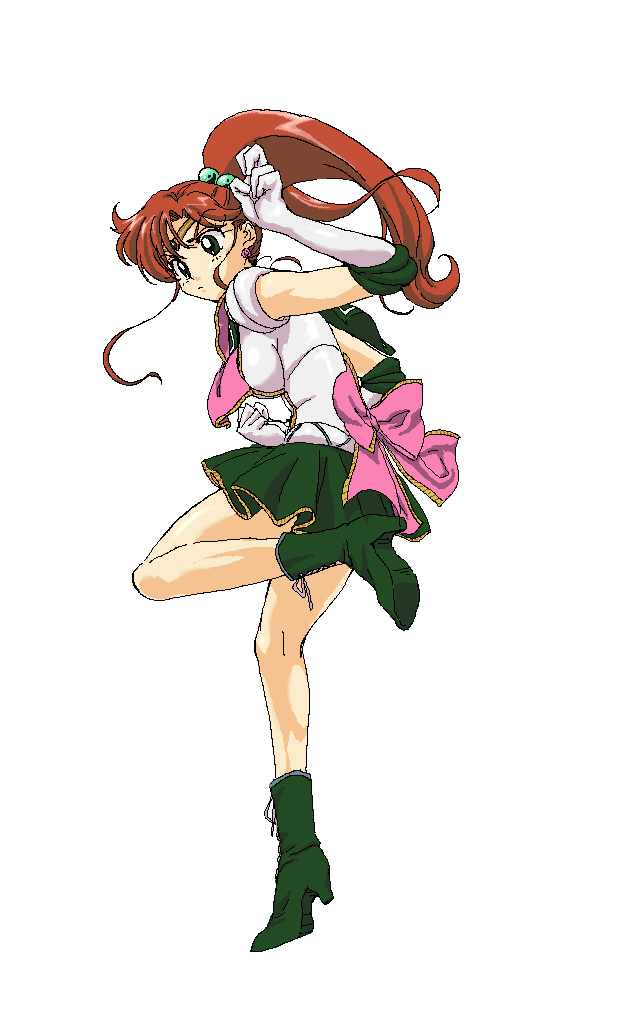 fujimoto satoru, kino makoto, sailor jupiter, bishoujo senshi sailor moon, 1990s (style), 1girl, boots, bow, brown hair, earrings, elbow gloves, female focus, gloves, green boots, green skirt, hair bobbles, hair ornament, jewelry, magical girl, pink bow, ponytail, retro artstyle, sailor senshi uniform, skirt, solo, tiara, white background, white gloves
