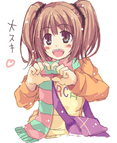hamayumiba sou, takatsuki yayoi, idolmaster, idolmaster (classic), idolmaster 1, lowres, 00s, 1girl, brown eyes, brown hair, female focus, four-finger heart hands, heart, heart hands, open mouth, raglan sleeves, scarf, solo, striped clothes, striped scarf, twintails, upper body