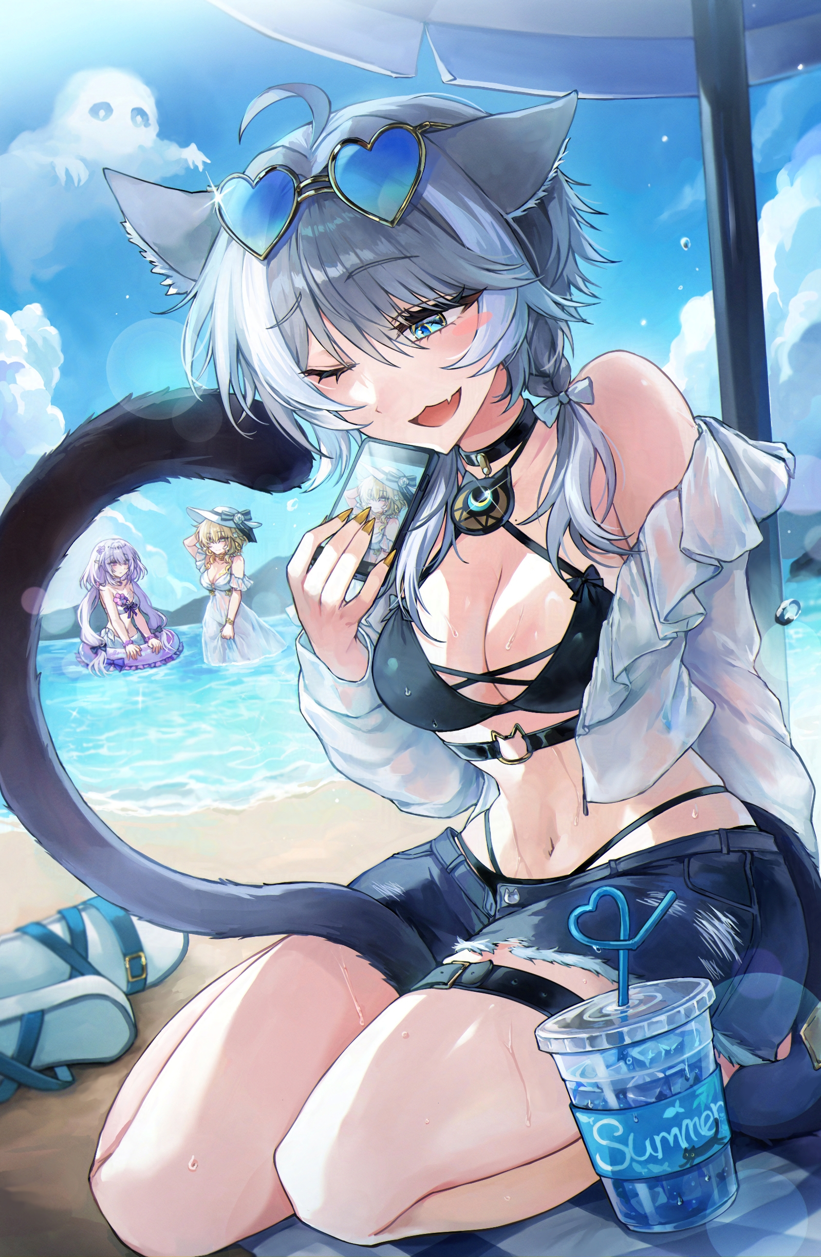 nyari1028, aglaea (honkai: star rail), castorice (honkai: star rail), cipher (honkai: star rail), honkai: star rail, honkai (series), absurdres, highres, 3girls, ahoge, animal ear fluff, animal ears, arm up, beach, bikini, bikini under clothes, black bikini, blonde hair, braid, breasts, cat ears, cat girl, cat tail, cellphone, cleavage, collarbone, dress, eyewear on head, grey hair, hair between eyes, holding, holding phone, long hair, medium breasts, multiple girls, navel, one eye closed, open mouth, phone, purple eyes, purple hair, sandals, see-through clothes, see-through shirt, shirt, short shorts, shorts, smartphone, smile, stomach, swimsuit, tail, thigh strap, white bikini, white dress, yellow nails