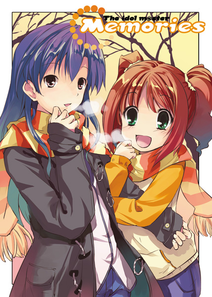 takatsuki tsukasa, kisaragi chihaya, takatsuki yayoi, idolmaster, idolmaster (classic), idolmaster 1, 00s, 2girls, arm hug, breath, multiple girls, scarf, shared clothes, shared scarf, striped clothes, striped scarf, twintails, yuri