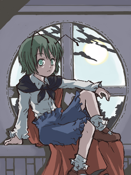 suichuu hanabi, wriggle nightbug, touhou, 1girl, antennae, arm support, cape, female focus, fusuma, green eyes, green hair, matching hair/eyes, round window, short hair, sitting, sliding doors, solo, sun, window