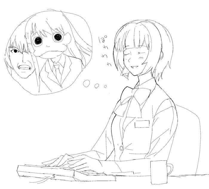 a1 (initial-g), otonashi kotori, idolmaster, idolmaster (classic), idolmaster 1, 00s, 2girls, :d, ^ ^, angry, blush, bow, bowtie, chair, closed eyes, closed mouth, cup, formal clothes, frown, greyscale, long hair, monochrome, multiple girls, open mouth, sitting, sketch, smile, speech bubble, suit, table, thought bubble, upper body