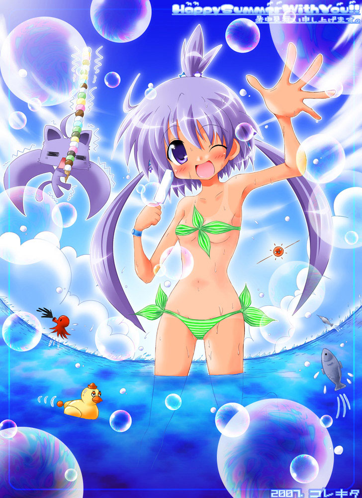 1girl, ;d, bikini, day, female focus, fisheye, food, front-tie top, green bikini, ice cream, leaf bikini, one-piece tan, one eye closed, open mouth, popsicle, smile, solo, striped bikini, striped clothes, swimsuit, tan, tanline, water, waving, wink
