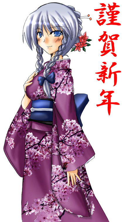 mirato, izayoi sakuya, touhou, silver hair, 1girl, blush, braid, female focus, japanese clothes, short hair, solo, twin braids