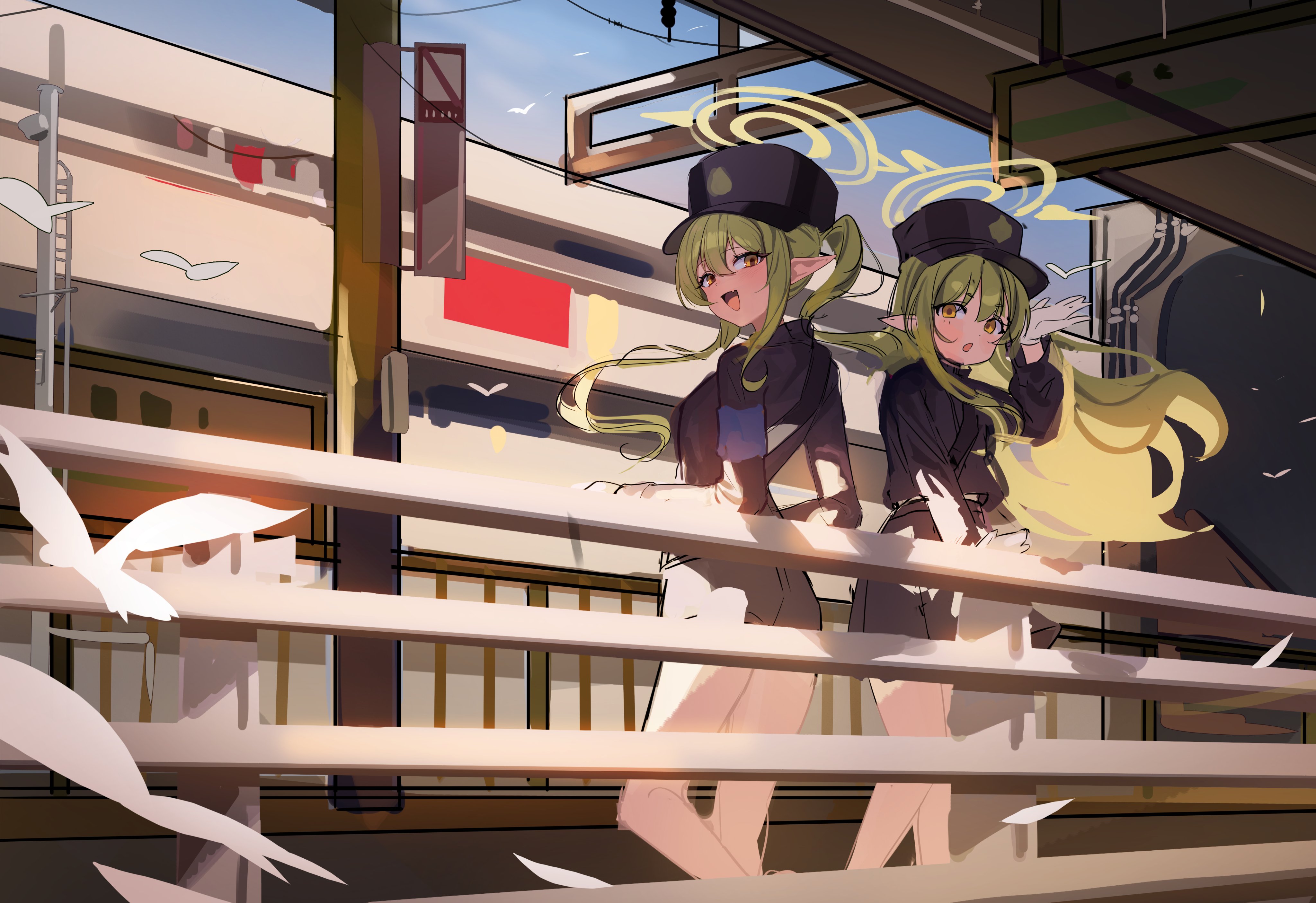 gusim, hikari (blue archive), nozomi (blue archive), blue archive, absurdres, highres, 2girls, armband, blue armband, blue jacket, blue shorts, blue skirt, green hair, green halo, halo, jacket, long hair, multiple girls, pantyhose, short shorts, shorts, siblings, skirt, twins, twintails, white pantyhose, yellow eyes