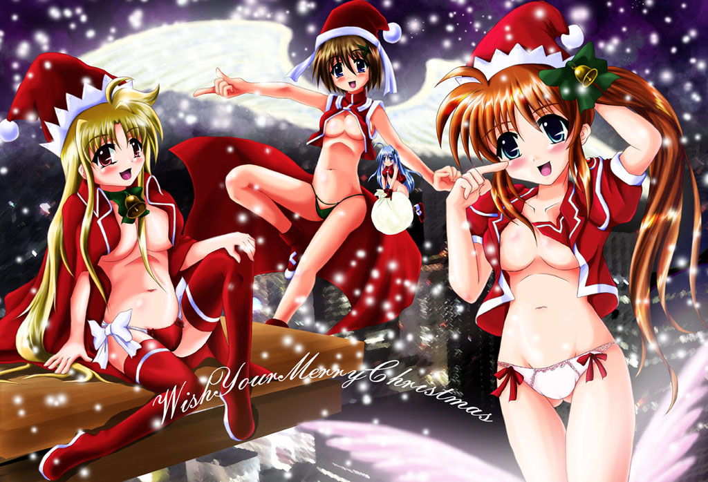 fate testarossa, reinforce zwei, takamachi nanoha, yagami hayate, lyrical nanoha, mahou shoujo lyrical nanoha, mahou shoujo lyrical nanoha a's, 00s, 4girls, angel, blonde hair, blue eyes, blush, breasts, brown hair, christmas, flapper shirt, green eyes, hat, medium breasts, multiple girls, panties, red eyes, ribbon, santa costume, shirt, underboob, underwear, wings