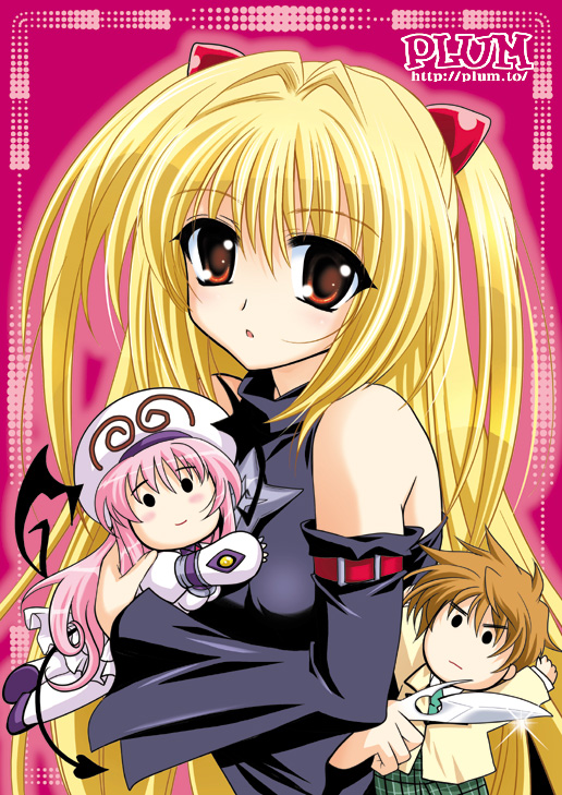 kanna (plum), konjiki no yami, lala satalin deviluke, peke (to love-ru), yuuki rito, to love-ru, blade, 00s, 1girl, blonde hair, character doll, doll, female focus, knife, pink hair, red eyes, solo