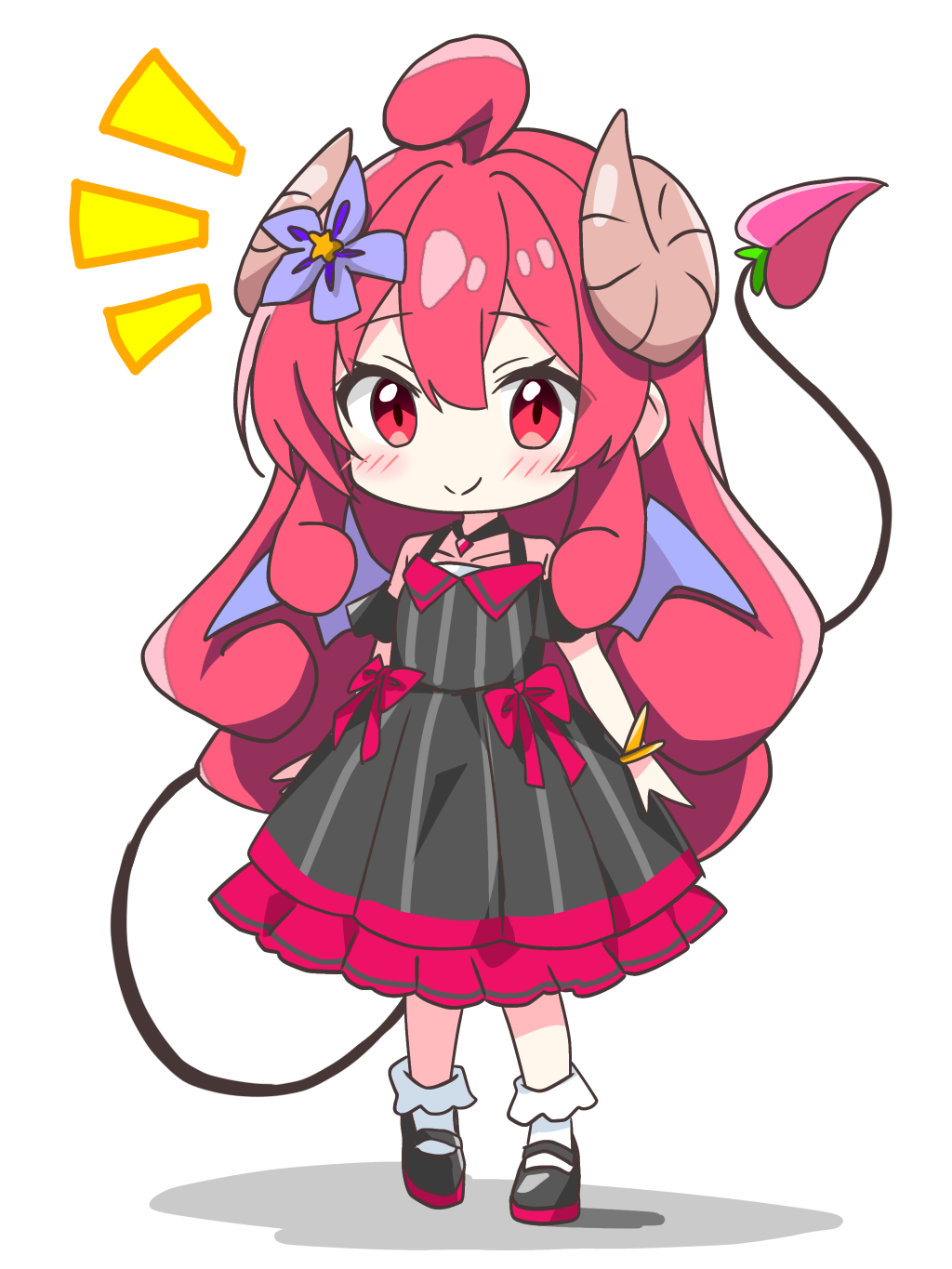 kotatsu-mazoku, lilith (homunculus) (machikado mazoku), lilith (machikado mazoku), machikado mazoku, commentary request, highres, 1girl, ahoge, alternate color, alternate costume, bare shoulders, black dress, black shoes, blush, bow, brown horns, closed mouth, curled horns, demon girl, demon tail, double-parted bangs, dress, dress bow, flower, full body, hair flower, hair ornament, horns, long hair, looking at viewer, mary janes, purple flower, red bow, red eyes, red hair, shadow, shoes, sidelocks, simple background, smile, socks, solo, standing, tail, white background, white socks