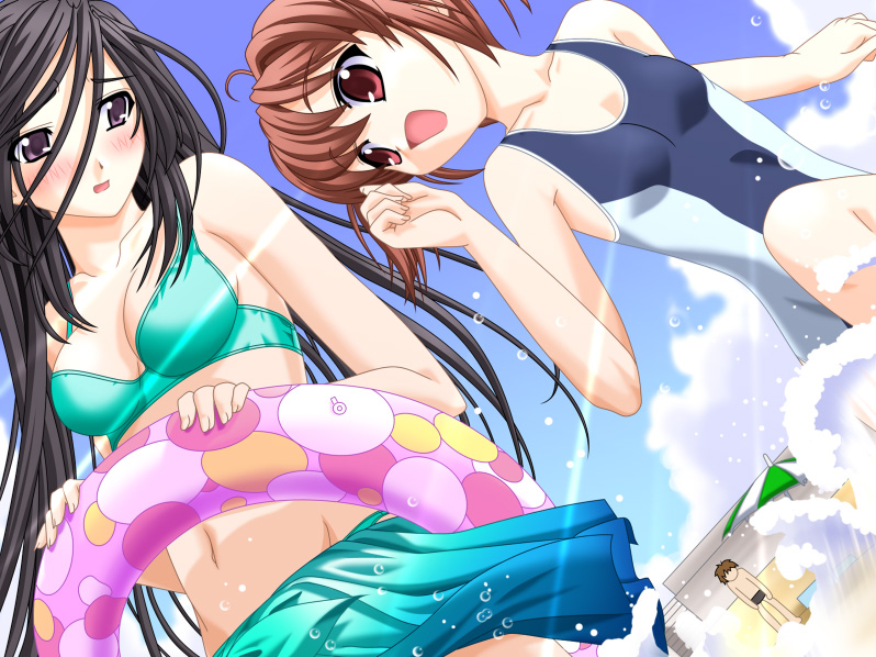saitou natsuki, kojima hibiki, kojima keisuke (imouto kansatsu nikki), kojima kirika, imouto kansatsu nikki, imouto kansatsu nikki 2, triangle (company), game cg, 1boy, 2girls, :d, aqua bikini, bikini, black hair, blush, breasts, brown eyes, brown hair, cleavage, cloud, competition swimsuit, day, dutch angle, faceless, faceless male, flat chest, green bikini, innertube, light rays, long hair, medium breasts, multiple girls, one-piece swimsuit, open mouth, outdoors, parasol, pool, poolside, purple eyes, sarong, short twintails, small breasts, smile, splashing, sunbeam, sunlight, swim ring, swimsuit, twintails, umbrella, water