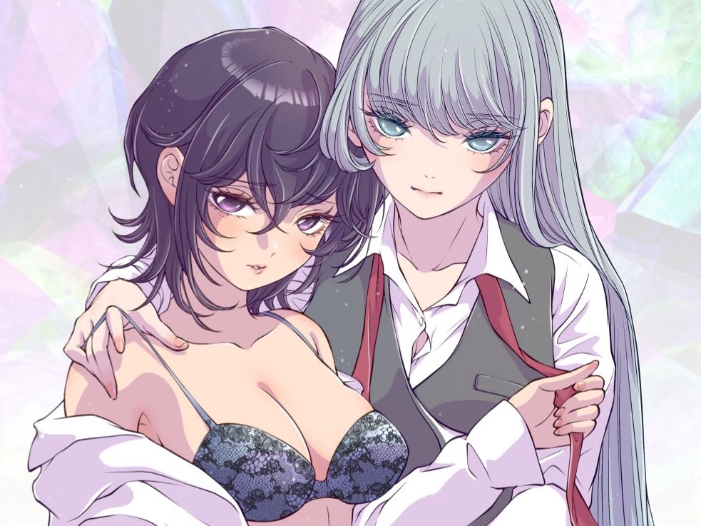 iwami kiyoko, asahina yuni, taki fuuko, kyou wa kanojo ga inai kara, commentary request, 2girls, aqua eyes, black hair, bra, breasts, brown vest, cleavage, closed mouth, collarbone, collared shirt, crossed bangs, eyelashes, grey bra, grey eyes, grey hair, hair between eyes, hand on another's shoulder, hand up, holding necktie, large breasts, long hair, looking at viewer, medium hair, multiple girls, necktie, no pupils, off shoulder, open clothes, open shirt, parted lips, shirt, straight hair, underwear, undone necktie, upper body, vest, white shirt, wispy bangs, wolf cut, yuri