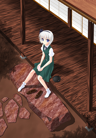 mizoreya, konpaku youmu, touhou, lowres, 1girl, brown shoes, female focus, shoes, socks, solo, unworn shoes