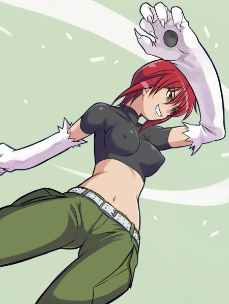 maruto!, riza wildman, kaibutsu oujo, 00s, animal hands, belt, cargo pants, covered erect nipples, crop top, midriff, orange eyes, pants, red hair, short hair