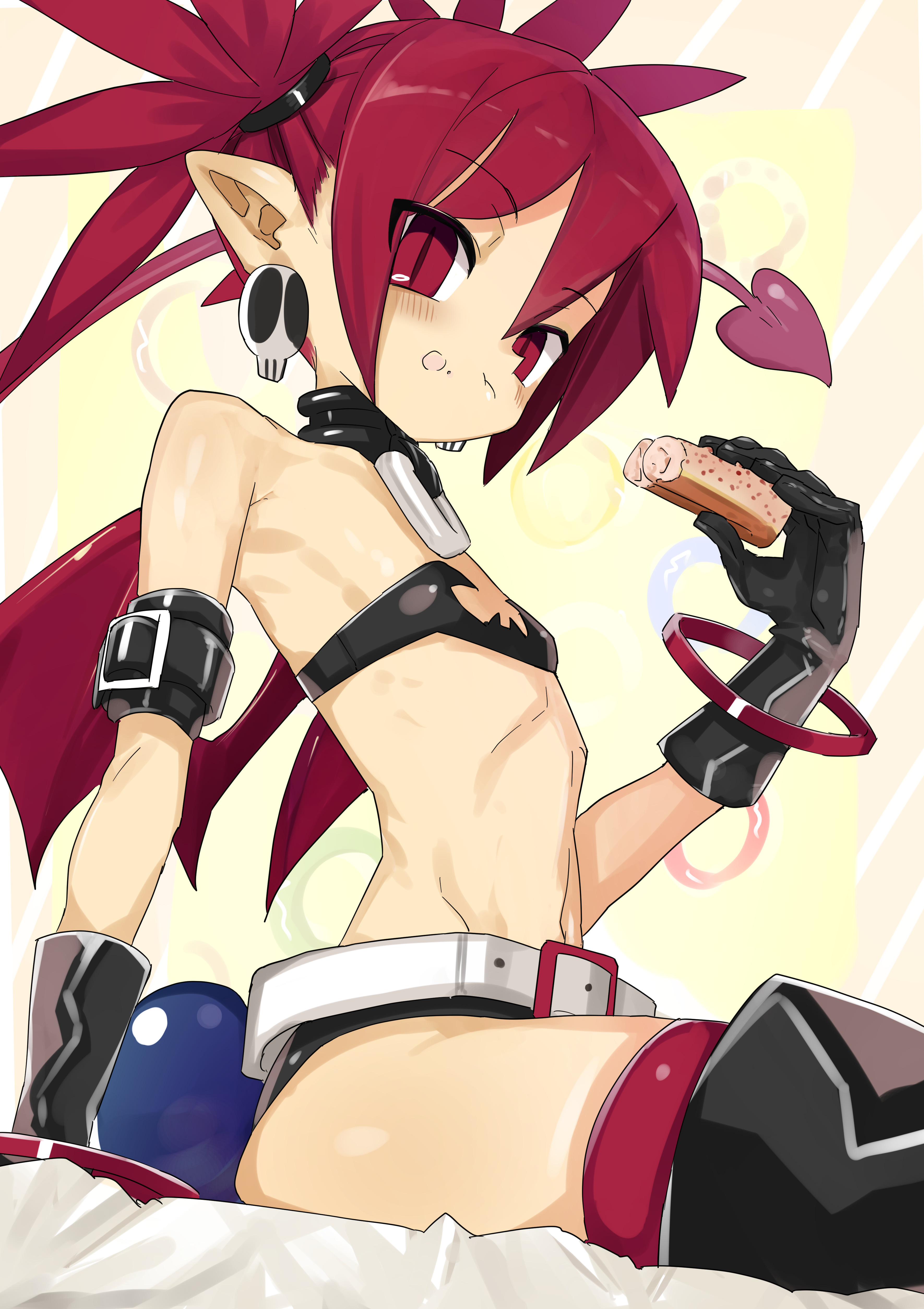 jank365m, etna (disgaea), disgaea, makai senki disgaea, absurdres, highres, 1girl, belt, closed mouth, demon girl, demon tail, donut, eating, flat chest, food, food on face, gloves, looking at viewer, micro shorts, navel, pointy ears, red eyes, red hair, shorts, sitting, solo, tail