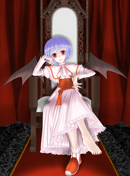 mizoreya, remilia scarlet, touhou, 1girl, barefoot, bat wings, blue hair, crossed legs, curtains, female focus, multicolored shoes, orange shoes, pink shoes, red eyes, shoes, sitting, solo, throne, two-tone shoes, unworn headwear, wings