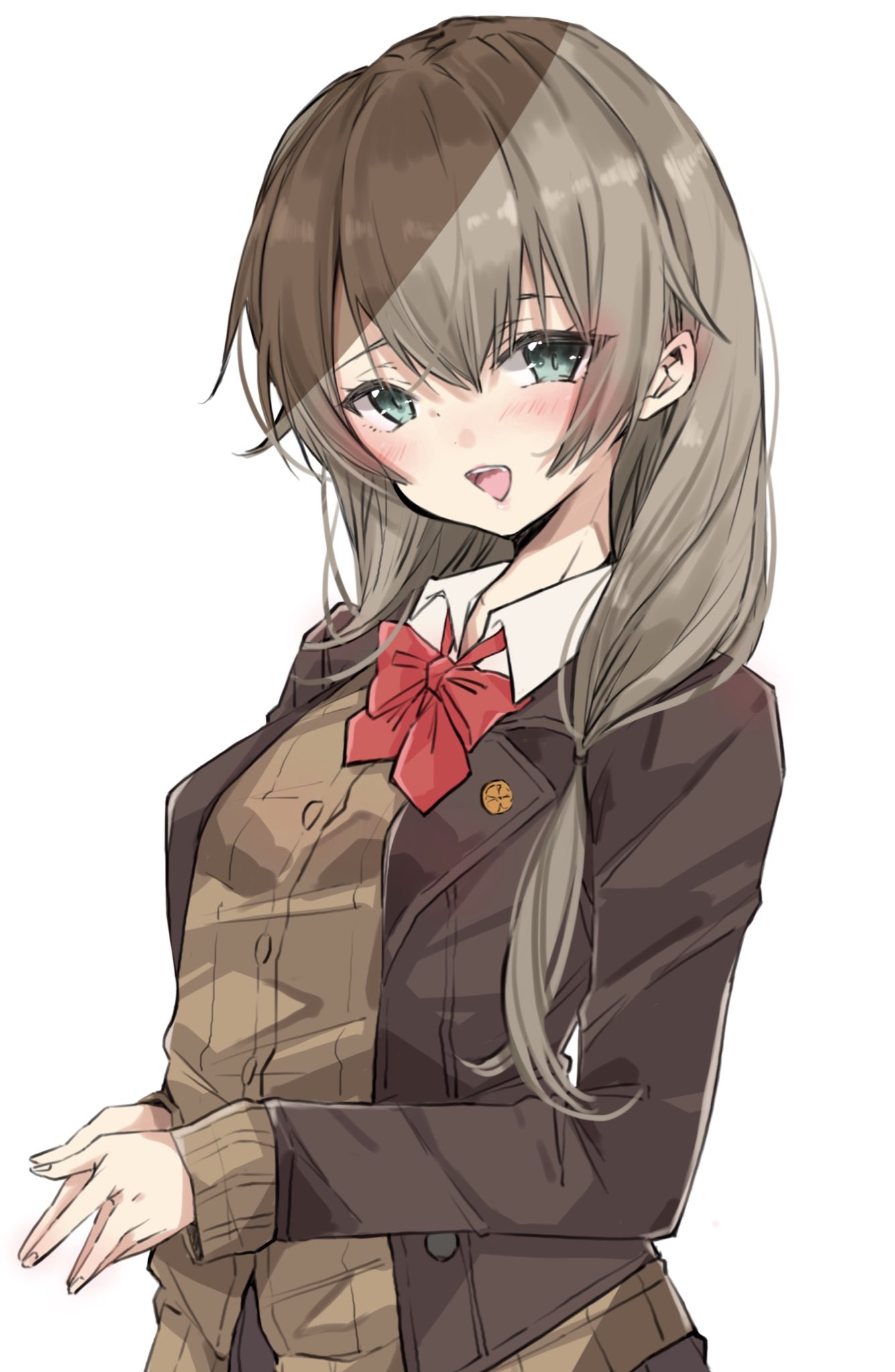 chigasaki yukari, kumano (kancolle), kantai collection, commentary request, highres, 1girl, alternate hairstyle, blazer, blue eyes, blush, bow, bowtie, brown hair, brown jacket, collared shirt, hair between eyes, hair down, jacket, long hair, long sleeves, open clothes, open jacket, open mouth, own hands together, red bow, red bowtie, shirt, simple background, sleeves past wrists, solo, upper body, white background, white shirt