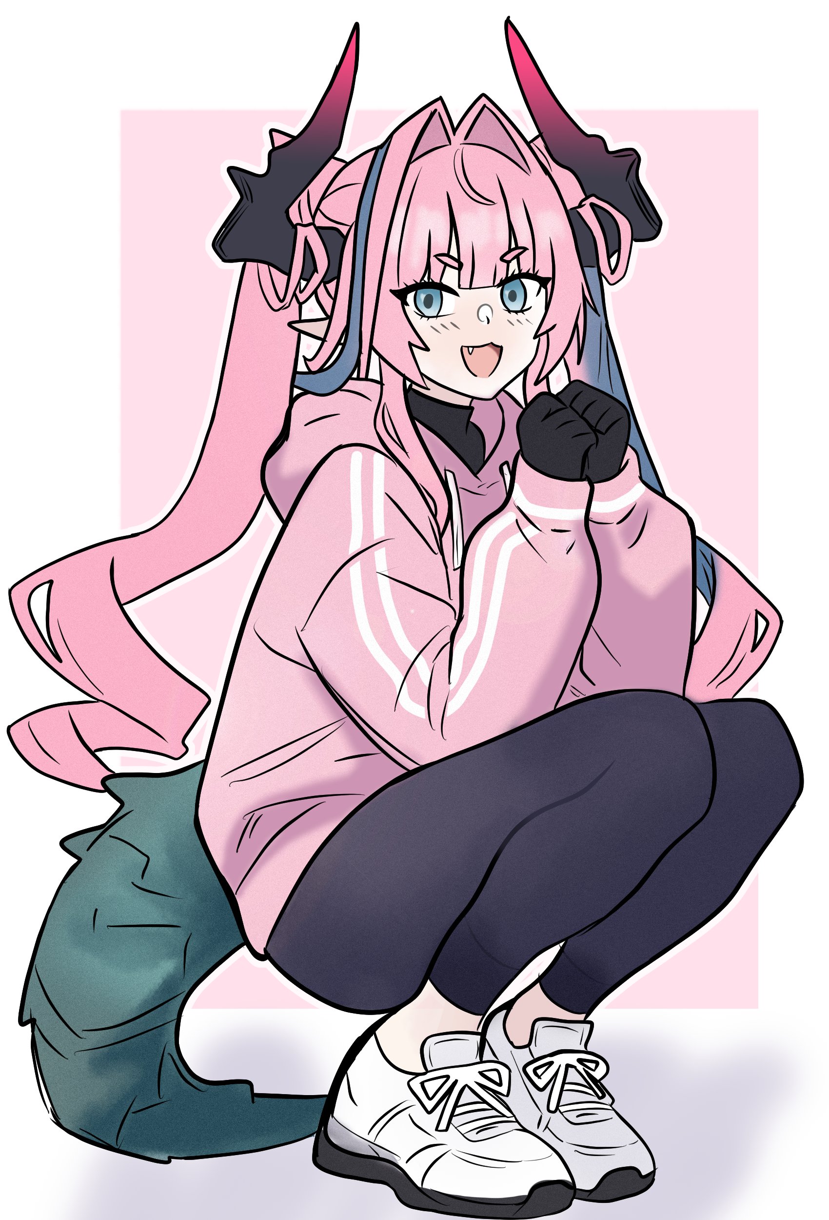 lucia (luciatehe), yvonne (arknights), arknights, arknights: endfield, absurdres, highres, 1girl, alternate costume, black gloves, black leggings, fang, gloves, gradient horns, green eyes, green hair, hair intakes, hood, hoodie, horns, leggings, long hair, looking at viewer, multicolored hair, multicolored horns, open mouth, pink hair, pink hoodie, pointy ears, shoes, sneakers, solo, squatting, streaked hair, tail, twintails, two-tone hair, white shoes
