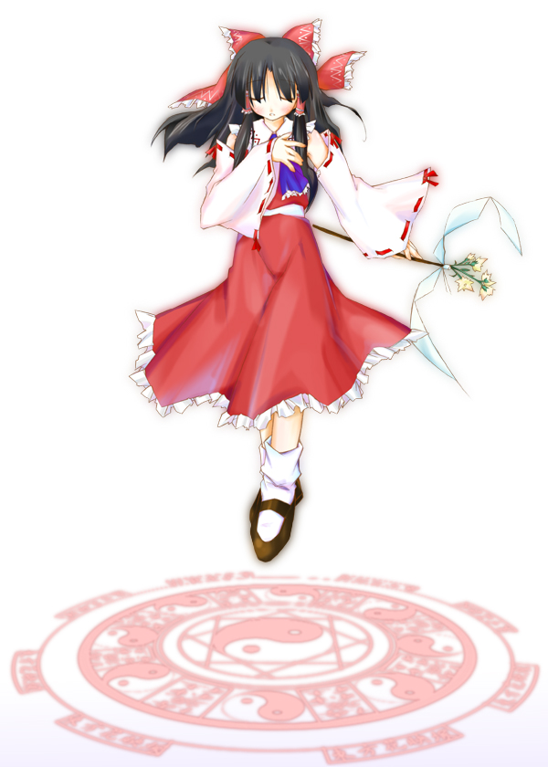 mizuno minato, hakurei reimu, phantasmagoria of flower view, touhou, 1girl, ascot, black hair, black shoes, blush, bow, closed eyes, detached sleeves, female focus, flower, full body, gohei, hair bow, hair tubes, magic circle, oonusa, red bow, red skirt, ribbon-trimmed sleeves, ribbon trim, shide, shoes, sidelocks, simple background, skirt, skirt set, socks, solo, vest, white background, white socks, yin yang